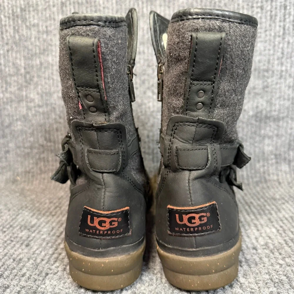 UGG Simmens Waterproof Boots Womens 8 Black Leather Wool Lined Zip Winter Moto